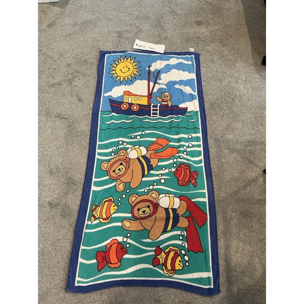 Vintage 80's Beach Towel Bears Snorkeling, Underwater 24" X 52" Made By KAUFMAN